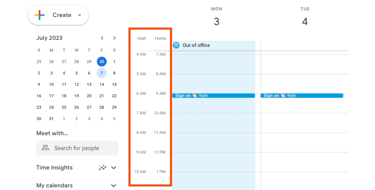 View both time zones in the Day or Week view